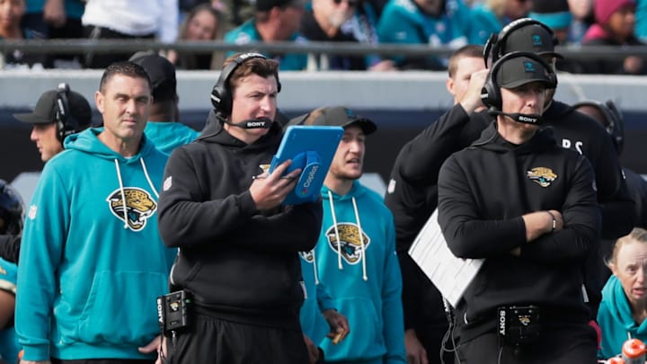Jan 4, 2026; Jacksonville, Florida, USA; Jacksonville Jaguars head coach Liam Coen watches game play against the Tennessee Titans during the second quarter at EverBank Stadium. Mandatory Credit: Travis Register-Imagn Images