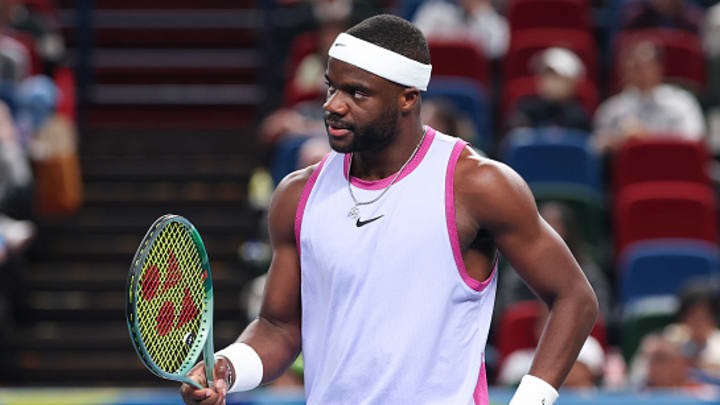 Frances Tiafoe reacts to a play during the Shanghai Masters.