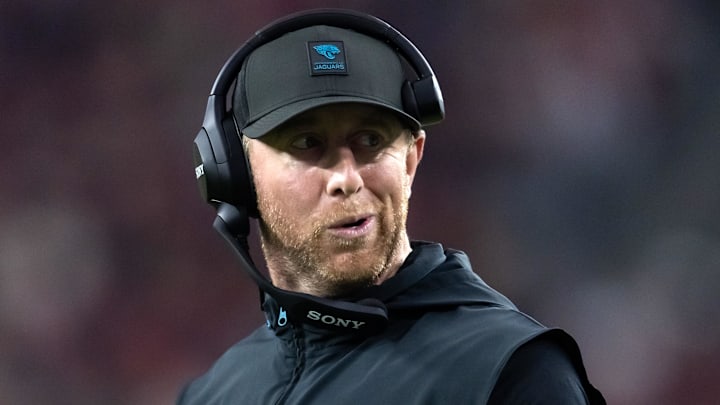 Nov 23, 2025; Glendale, Arizona, USA; Jacksonville Jaguars head coach Liam Coen against the Arizona Cardinals at State Farm Stadium. Mandatory Credit: Mark J. Rebilas-Imagn Images