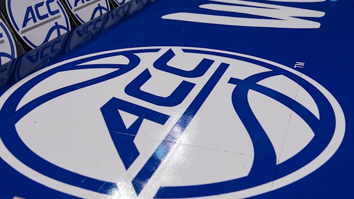 Mar 8, 2024; Greensboro, NC, USA; General view of the ACC logo before the game between Notre Dame vs Louisville at Greensboro Coliseum. Mar 8, 2024; Greensboro, NC, USA; General view of the ACC logo before the game between Notre Dame vs Louisville at Greensboro Coliseum.