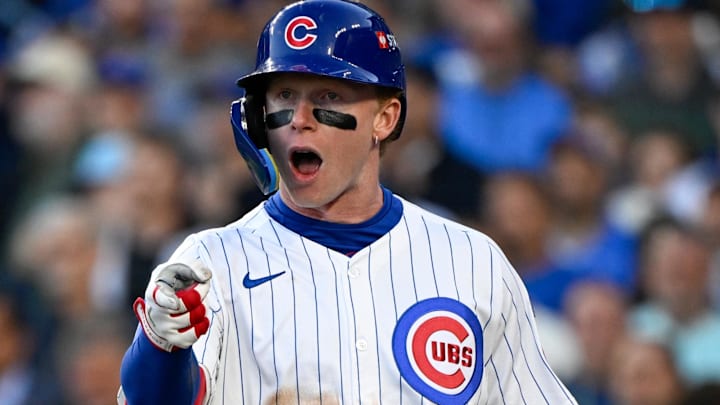 Oct 8, 2025; Chicago, Illinois, USA; Chicago Cubs center fielder Pete Crow-Armstrong (4) reacts after striking out against the Milwaukee Brewers in the third inning during game three of the NLDS round for the 2025 MLB playoffs at Wrigley Field. Mandatory Credit: Matt Marton-Imagn Images