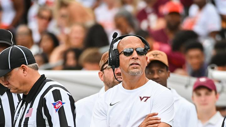 Sep 12, 2026; Blacksburg, Va.; Virginia Tech head coach James Franklin watches a replay on the video board against Old Dominion. Sep 12, 2026; Blacksburg, Va.; Virginia Tech head coach James Franklin watches a replay on the video board against Old Dominion.