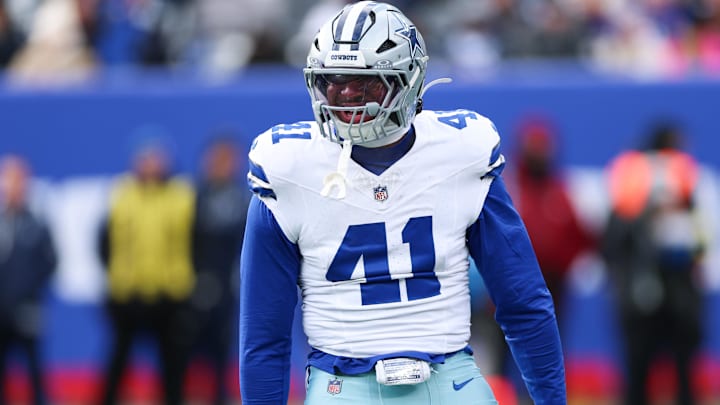 Dallas Cowboys defensive end Donovan Ezeiruaku celebrates after a play against the New York Giants at MetLife Stadium. Dallas Cowboys defensive end Donovan Ezeiruaku celebrates after a play against the New York Giants at MetLife Stadium.