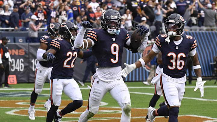 Jaquan Brisker celebrates with teammates after a win at Soldier Field. Brisker still is in the concussion protocol. Jaquan Brisker celebrates with teammates after a win at Soldier Field. Brisker still is in the concussion protocol.