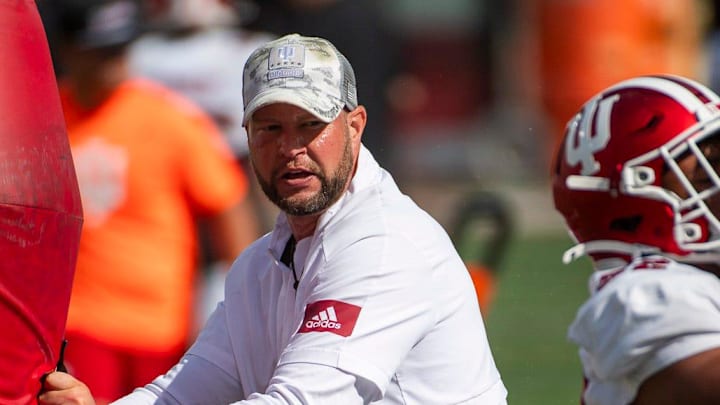 Indiana defensive coordinator Bryant Haines instructs players during fall practice Aug. 16, 2024, at the Mellencamp Pavilion. Indiana defensive coordinator Bryant Haines instructs players during fall practice Aug. 16, 2024, at the Mellencamp Pavilion.
