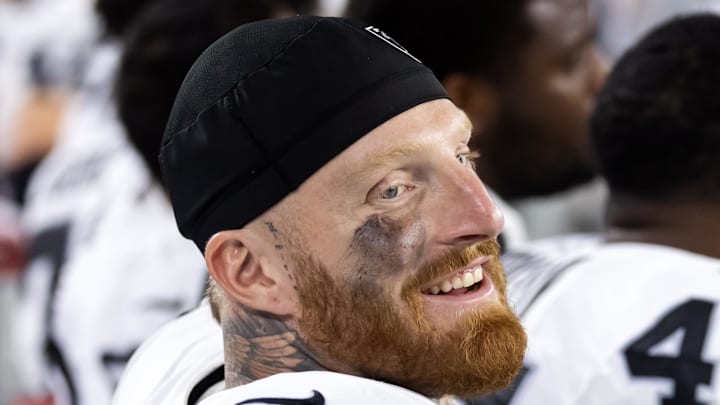 Aug 23, 2025; Glendale, Arizona, USA; Las Vegas Raiders defensive end Maxx Crosby (98) against the Arizona Cardinals during a preseason NFL game at State Farm Stadium. Mandatory Credit: Mark J. Rebilas-Imagn Images