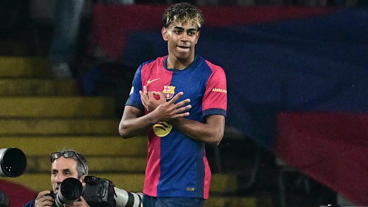 Lamine Yamal celebrates his goal vs. Borussia Dortmund.