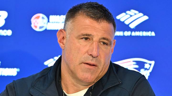 Jun 9, 2026; Foxborough, MA, USA; New England Patriots head coach Mike Vrabel holds a press conference before the start of minicamp practice at Gillette Stadium. Mandatory Credit: Eric Canha-Imagn Images