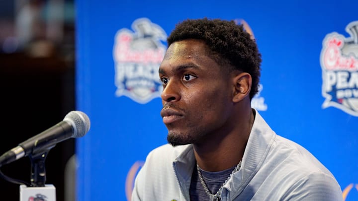 Oregon wide receiver Malik Benson speaks during a media day as the Oregon Ducks arrive on Jan. 7, 2025, in Atlanta, Georgia ahead of the Peach Bowl at Mercedes-Benz Stadium.