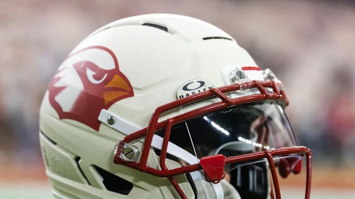 Sep 25, 2025; Glendale, Arizona, USA; Detailed view of the Built to Last alternate rivalries edition helmets of the Arizona Cardinals at State Farm Stadium. Mandatory Credit: Mark J. Rebilas-Imagn Images