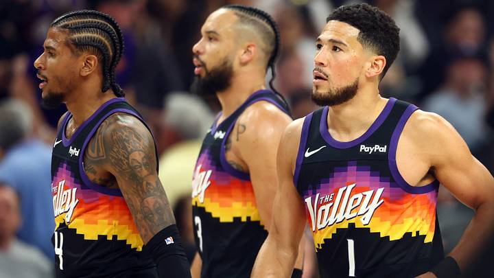 Apr 7, 2026; Phoenix, Arizona, USA; Phoenix Suns guard Jalen Green (4), forward Dillon Brooks (3) and guard Devin Booker (1) against the Houston Rockets at Mortgage Matchup Center. Mandatory Credit: Mark J. Rebilas-Imagn Images Apr 7, 2026; Phoenix, Arizona, USA; Phoenix Suns guard Jalen Green (4), forward Dillon Brooks (3) and guard Devin Booker (1) against the Houston Rockets at Mortgage Matchup Center. Mandatory Credit: Mark J. Rebilas-Imagn Images