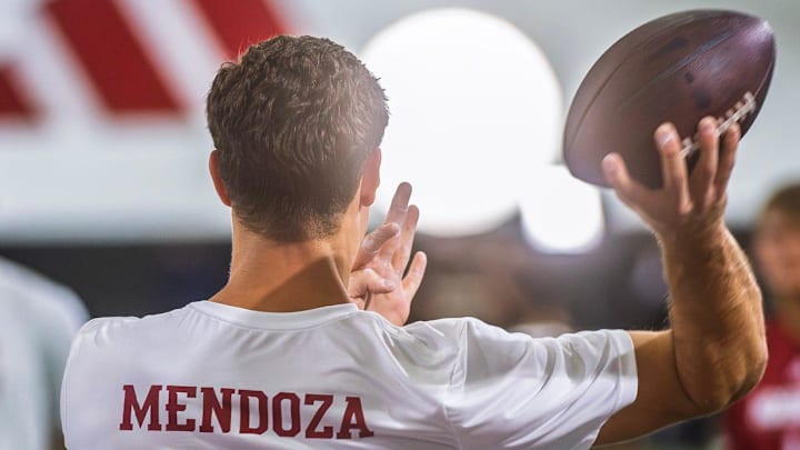 Fernando Mendoza participates in Indiana University's Pro Day at Mellencamp Pavilion on Wednesday, April 1, 2026.