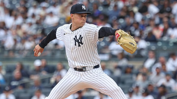 May 4, 2025; Bronx, New York, USA; New York Yankees starting pitcher Will Warren (98) delivers a pitch during the first inning against the Tampa Bay Rays at Yankee Stadium. 