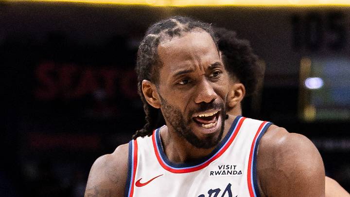 Mar 18, 2026; New Orleans, Louisiana, USA;  LA Clippers forward Kawhi Leonard (2) reacts to a call against the New Orleans Pelicans with referee Scott Twardoski (52) during second half at Smoothie King Center. Mandatory Credit: Stephen Lew-Imagn Images