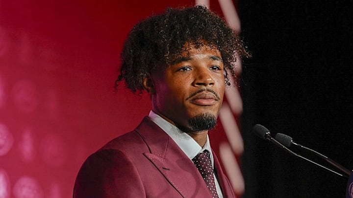 Jul 23, 2025; Charlotte, NC, USA; FSU quarterback Tommy Castellanos answers questions from the media during ACC Media days at Hilton Charlotte Uptown. Mandatory Credit: Jim Dedmon-Imagn Images