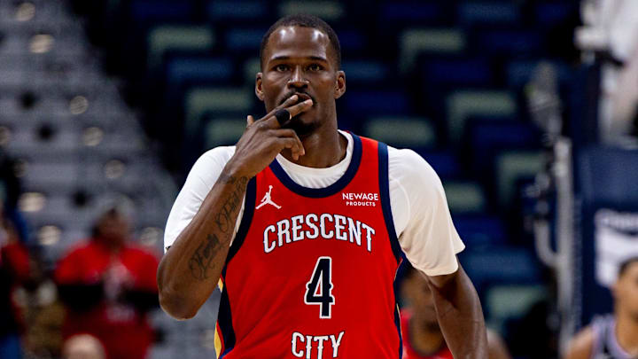 Feb 13, 2025; New Orleans, Louisiana, USA;  New Orleans Pelicans guard Javonte Green (4) reacts to making a three point basket against the Sacramento Kings during the first half at Smoothie King Center. Mandatory Credit: Stephen Lew-Imagn Images