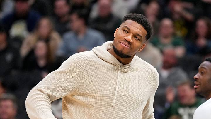 Apr 10, 2026; Milwaukee, Wisconsin, USA;  Milwaukee Bucks forward Giannis Antetokounmpo reacts following a play during the second quarter against the Brooklyn Nets at Fiserv Forum. Mandatory Credit: Jeff Hanisch-Imagn Images