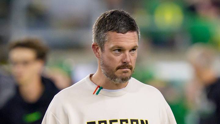 Oregon Ducks head coach Dan Lanning walks the field as the Oregon Ducks host the Nebraska Cornhuskers on Oct. 17, 2026, at Autzen Stadium in Eugene, Oregon. 