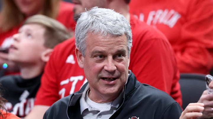 Mar 29, 2024; Dallas, TX, USA; North Carolina State Wolfpack athletic director Boo Corrigan before the semifinals of the South Regional of the 2024 NCAA Tournament against the Marquette Golden Eagles at American Airlines Center. Mandatory Credit: Kevin Jairaj-Imagn Images 