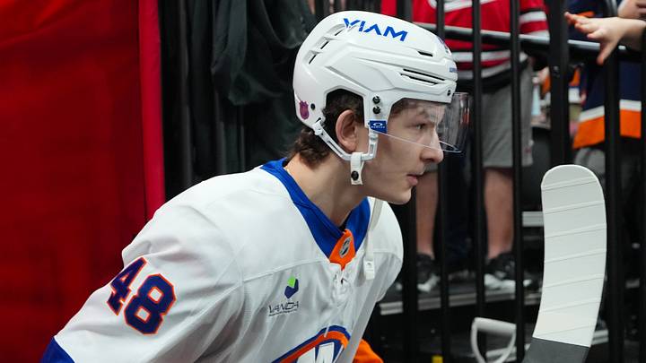 Apr 4, 2026; Raleigh, North Carolina, USA;  New York Islanders defenseman Matthew Schaefer (48) goes out onto the ice for the warmups before the game against the Carolina Hurricanes at Lenovo Center. Mandatory Credit: James Guillory-Imagn Images