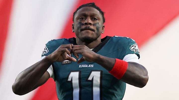 Jan 11, 2026; Philadelphia, PA, USA; Philadelphia Eagles wide receiver A.J. Brown (11) looks on prior to an NFC Wild Card Round game against the San Francisco 49ers at Lincoln Financial Field. Mandatory Credit: Bill Streicher-Imagn Images Jan 11, 2026; Philadelphia, PA, USA; Philadelphia Eagles wide receiver A.J. Brown (11) looks on prior to an NFC Wild Card Round game against the San Francisco 49ers at Lincoln Financial Field. Mandatory Credit: Bill Streicher-Imagn Images