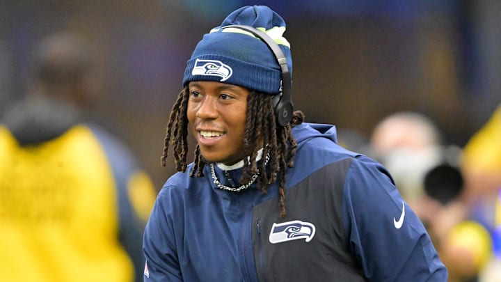 Nov 16, 2025; Inglewood, California, USA; Seattle Seahawks wide receiver Rashid Shaheed (22) warms up prior to the game against the Los Angeles Rams at SoFi Stadium. Mandatory Credit: Jayne Kamin-Oncea-Imagn Images