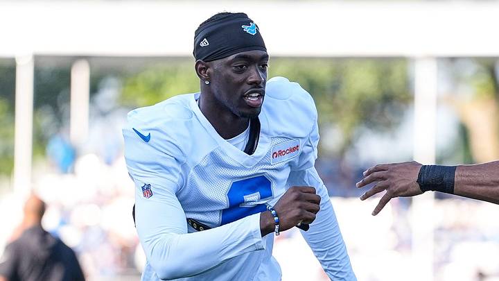 Detroit Lions cornerback Terrion Arnold (6), left, practices with safety Brian Branch (32) 