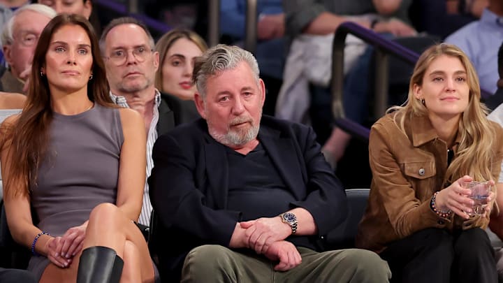 Nov 18, 2024; New York, New York, USA; New York Knicks executive chairman James Dolan sits court side during the second quarter against the Washington Wizards at Madison Square Garden. Mandatory Credit: Brad Penner-Imagn Images