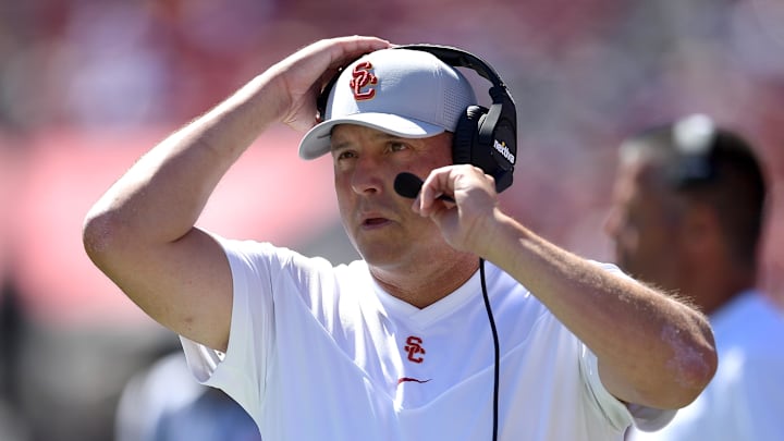 Sep 4, 2021; Los Angeles, California, USA;   USC Trojans head coach Clay Helton on the sidelines in the first half of the game against the San Jose State Spartans at United Airlines Field at Los Angeles Memorial Coliseum. 