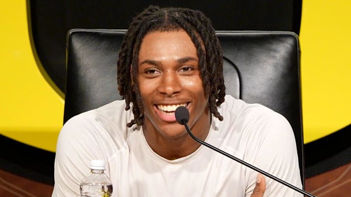 Oregon tight end Jamari Johnson speaks during a media availability on Aug. 5, 2025, in Eugene, Oregon.