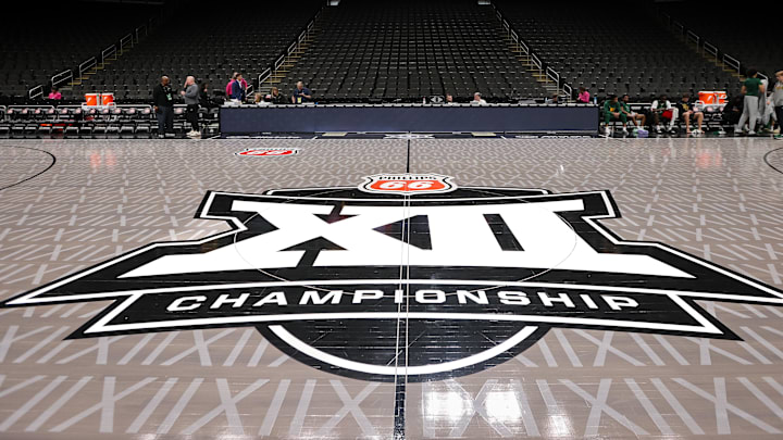 Mar 11, 2025; Kansas City, MO, USA; Big 12 logo center court prior to the game between the Cincinnati Bearcats and the Oklahoma State Cowboys at T-Mobile Center. Mar 11, 2025; Kansas City, MO, USA; Big 12 logo center court prior to the game between the Cincinnati Bearcats and the Oklahoma State Cowboys at T-Mobile Center.