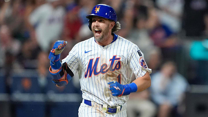 Aug 25, 2025; New York City, New York, USA; New York Mets second baseman Jeff McNeil (1) reacts to hitting an RBI single against the Philadelphia Phillies during the fourth inning at Citi Field. Mandatory Credit: Gregory Fisher-Imagn Images