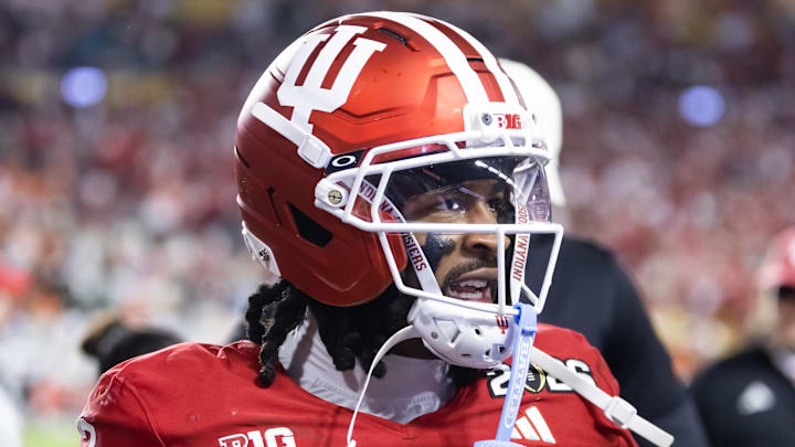 Jan 19, 2026; Miami Gardens, FL, USA; Indiana Hoosiers wide receiver Omar Cooper Jr. (3) against the Miami Hurricanes in the College Football Playoff National Championship game at Hard Rock Stadium. Mandatory Credit: Mark J. Rebilas-Imagn Images