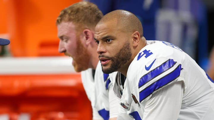 Nov 3, 2024; Atlanta, Georgia, USA; Dallas Cowboys quarterback Dak Prescott (4) on the bench against the Atlanta Falcons in the fourth quarter at Mercedes-Benz Stadium. Mandatory Credit: Brett Davis-Imagn Images