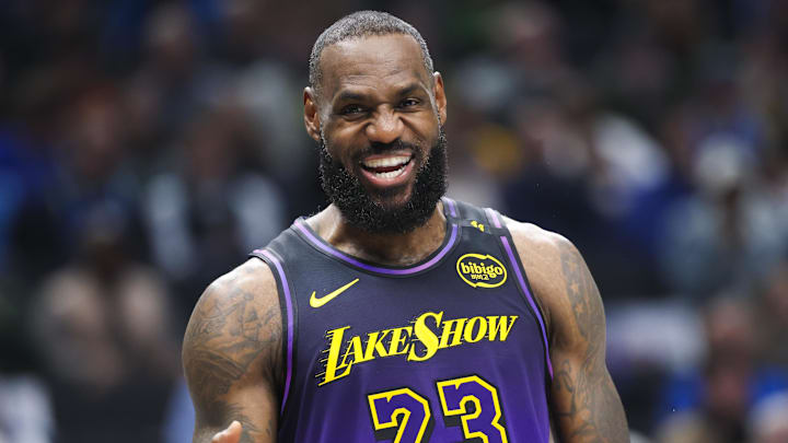 Jan 7, 2025; Dallas, Texas, USA;  Los Angeles Lakers forward LeBron James (23) laughs during the first half against the Dallas Mavericks at American Airlines Center. Mandatory Credit: Kevin Jairaj-Imagn Images