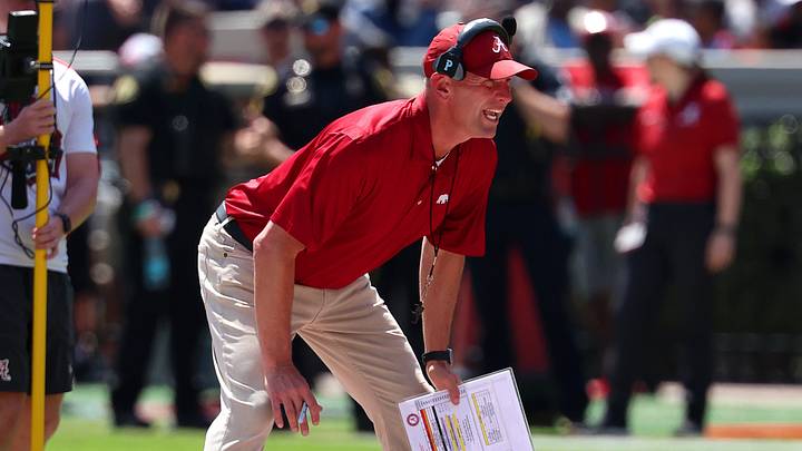 Alabama Crimson Tide head coach Kalen DeBoer calls a play during the Alabama A-Day spring football scrimmage game at Saban Field at Bryant-Denny Stadium.