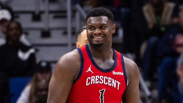 Dec 23, 2023; New Orleans, Louisiana, USA; New Orleans Pelicans forward Zion Williamson (1) reacts to a play against the Houston Rockets during the second half at Smoothie King Center. Mandatory Credit: Stephen Lew-Imagn Images Dec 23, 2023; New Orleans, Louisiana, USA; New Orleans Pelicans forward Zion Williamson (1) reacts to a play against the Houston Rockets during the second half at Smoothie King Center. Mandatory Credit: Stephen Lew-Imagn Images