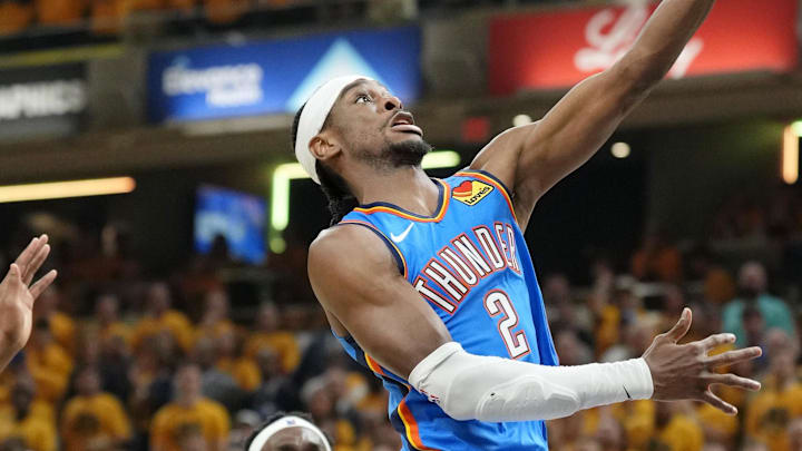 Jun 19, 2025; Indianapolis, Indiana, USA; Oklahoma City Thunder guard Shai Gilgeous-Alexander (2) shoots the ball against the Indiana Pacers during the first half of game six of the 2025 NBA Finals between the Oklahoma City Thunder and the Indiana Pacers at Gainbridge Fieldhouse. Mandatory Credit: Kyle Terada-Imagn Images
