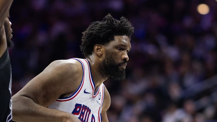 Feb 22, 2025; Philadelphia, Pennsylvania, USA; Philadelphia 76ers center Joel Embiid (21) in action against the Brooklyn Nets at Wells Fargo Center. Mandatory Credit: Bill Streicher-Imagn Images