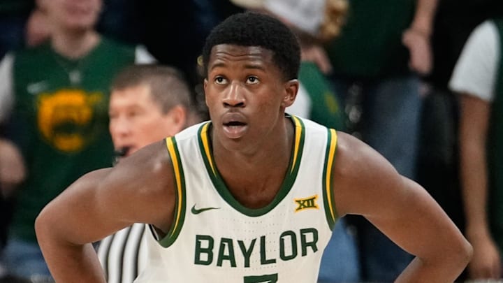 Mar 8, 2025; Waco, Texas, USA; Baylor Bears guard VJ Edgecombe (7) looks on against the Houston Cougars during the second half at Paul and Alejandra Foster Pavilion. Mandatory Credit: Chris Jones-Imagn Images