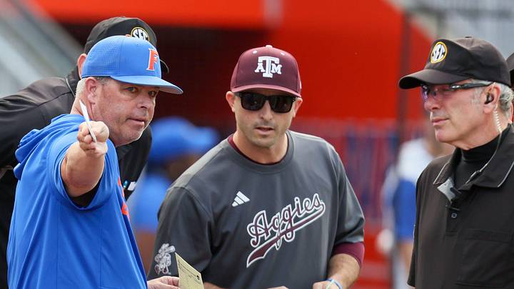 Florida head coach Kevin O'Sullivan talks with Texas A&M head coach Michael Earley before an NCAA baseball game at Condron Family Ballpark at Alfred A. McKethan Field in Gainesville, FL on Friday, April 24, 2026.