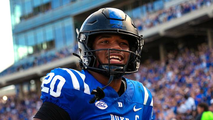 Sep 19, 2026; Durham, North Carolina, USA; Duke Blue Devils running back Nate Sheppard (20) scores a touchdown on his run against the Stanford Cardinal during the first half at Wallace Wade Stadium. Mandatory Credit: James Guillory-Imagn Images Sep 19, 2026; Durham, North Carolina, USA; Duke Blue Devils running back Nate Sheppard (20) scores a touchdown on his run against the Stanford Cardinal during the first half at Wallace Wade Stadium. Mandatory Credit: James Guillory-Imagn Images