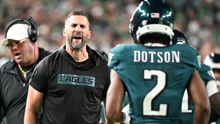 Sep 4, 2025; Philadelphia, Pennsylvania, USA; Philadelphia Eagles head coach Nick Sirianni reacts as wide receiver Jahan Dotson (2) returns to the bench during the second quarter of the game against the Dallas Cowboys at Lincoln Financial Field.