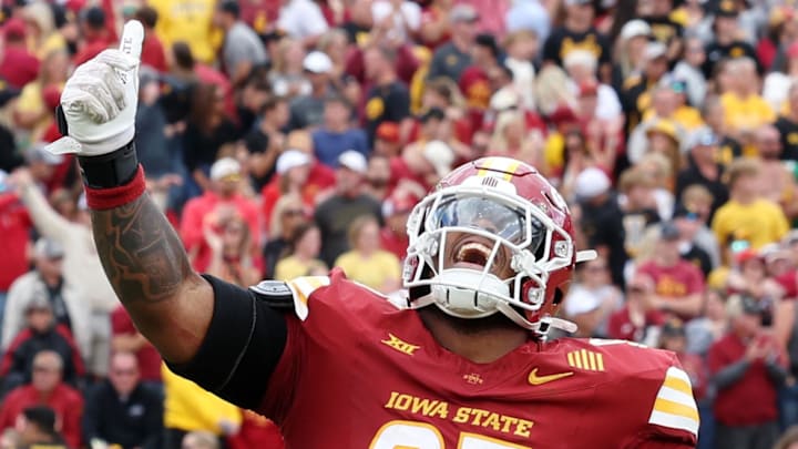 Iowa State Cyclones defensive lineman Domonique Orange (95) celebrates after a play against the Iowa Hawkeyes.
