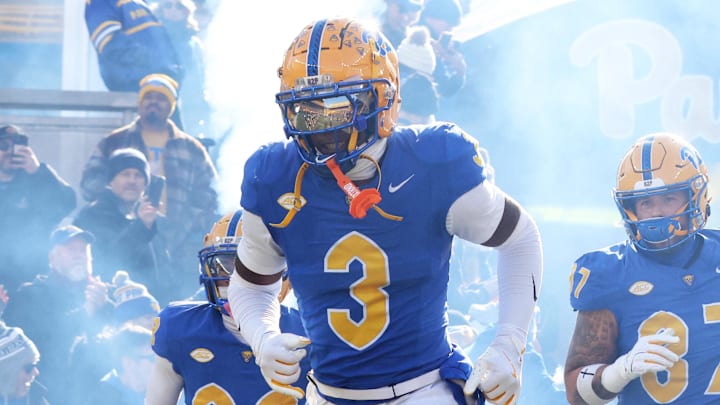 Nov 29, 2025; Pittsburgh, Pennsylvania, USA;  Pittsburgh Panthers linebacker Rasheem Biles (3) and wide receiver Raphael Williams Jr. (5) lead the team onto the field to play the Miami Hurricanes at Acrisure Stadium. Mandatory Credit: Charles LeClaire-Imagn Images