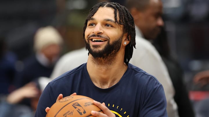 Jan 22, 2026; Washington, District of Columbia, USA; Denver Nuggets guard Jamal Murray (27) looks on before a game against the Washington Wizards at Capital One Arena. Mandatory Credit: Daniel Kucin Jr.-Imagn Images