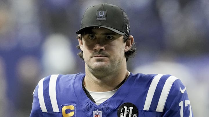Nov 30, 2025; Indianapolis, Indiana, USA; Indianapolis Colts quarterback Daniel Jones (17) walks off the field after the Indianapolis Colts lost to the Houston Texans 20-16 at Lucas Oil Stadium. Mandatory Credit: Christine Tannous-USA TODAY Network via Imagn Images