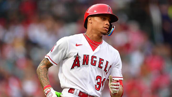 Los Angeles Angels center fielder Jordyn Adams (39) runs