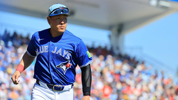 Toronto Blue Jays infielder Kazuma Okamoto looks on. Toronto Blue Jays infielder Kazuma Okamoto looks on.