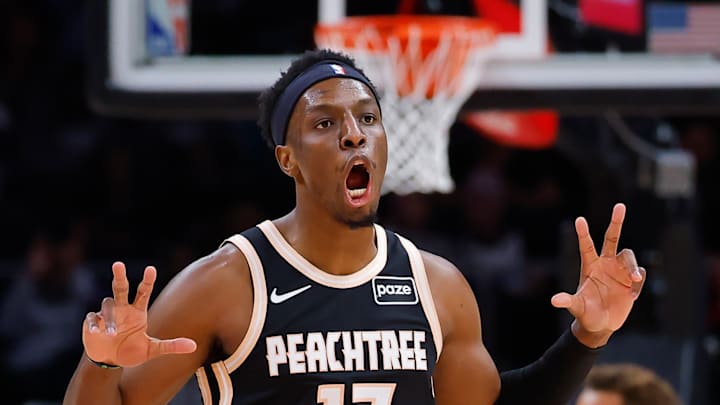Onyeka Okongwu celebrates during a match against the Detroit Pistons. Onyeka Okongwu celebrates during a match against the Detroit Pistons.